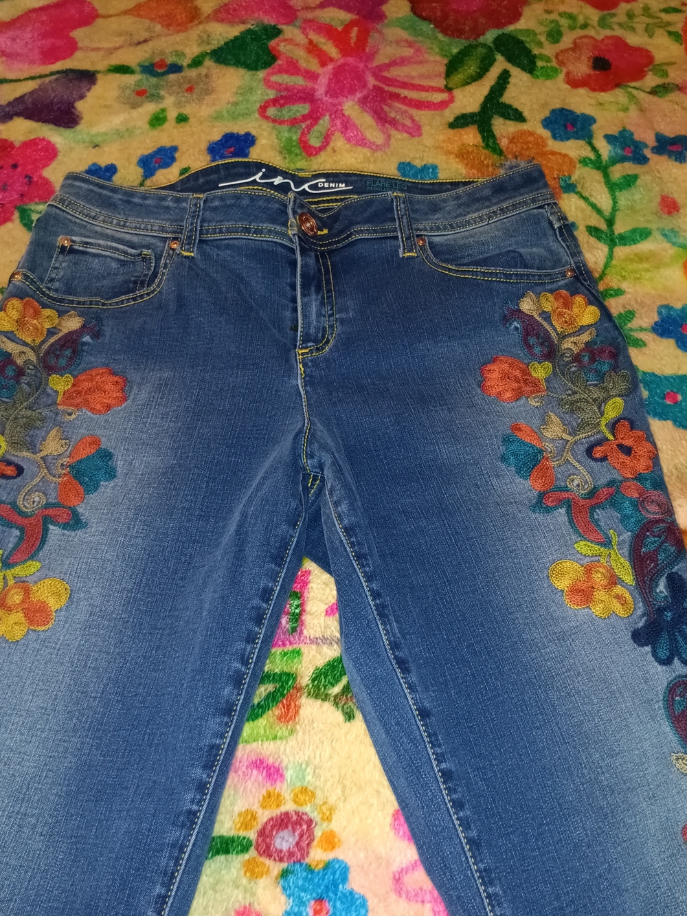 INC Embroidered Flower Women's Flare Jeans - Picture 3 of 12